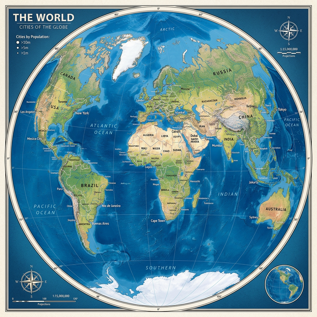 World map with global city landmarks